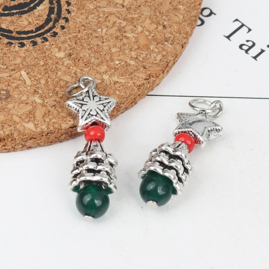 Picture of Zinc Based Alloy & Glass Christmas Pendants Star Silver Tone Green 3.5cm x 1cm, 1 Pair