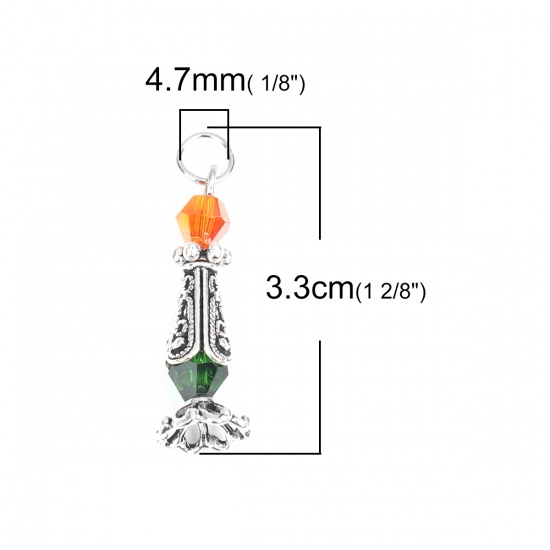 Picture of Zinc Based Alloy & Glass Christmas Pendants Rectangle Silver Tone Orange 3.3cm x 1cm, 1 Pair