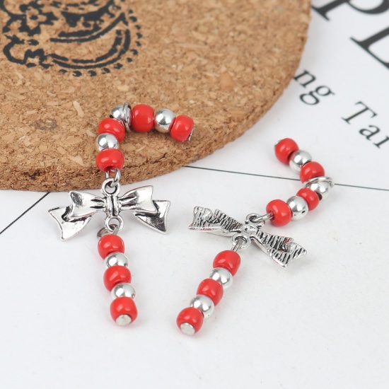 Picture of Zinc Based Alloy Pendants Christmas Candy Cane Silver Tone Red 4.4cm x 1.9cm, 1 Pair