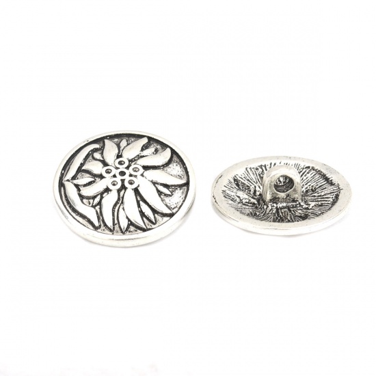 Picture of Zinc Based Alloy Sewing Shank Buttons Round Antique Silver Color Flower Carved (Can Hold ss4 Pointed Back Rhinestone) 20mm Dia., 10 PCs