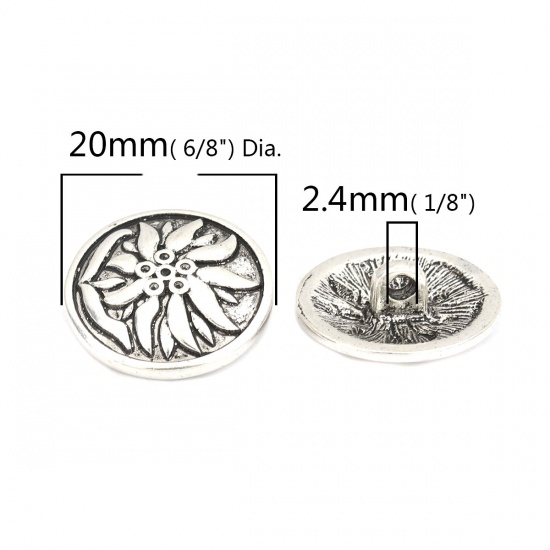Picture of Zinc Based Alloy Sewing Shank Buttons Round Antique Silver Color Flower Carved (Can Hold ss4 Pointed Back Rhinestone) 20mm Dia., 10 PCs
