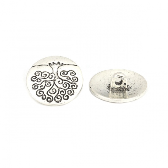 Picture of Zinc Based Alloy Sewing Shank Buttons Round Antique Silver Color Tree Carved 19mm Dia., 20 PCs