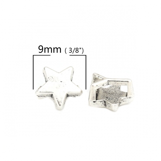 Picture of Zinc Based Alloy Slide Beads Pentagram Star Antique Silver About 9mm x 9mm, Hole:Approx 6.4mm x 2.1mm 100 PCs
