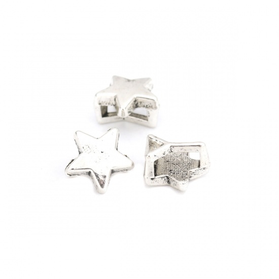 Picture of Zinc Based Alloy Slide Beads Pentagram Star Antique Silver About 9mm x 9mm, Hole:Approx 6.4mm x 2.1mm 100 PCs