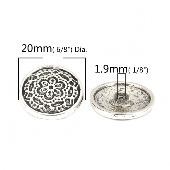 Picture of Zinc Based Alloy Sewing Shank Buttons Round Antique Silver Color Flower Carved 20mm Dia., 10 PCs