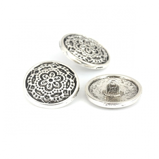 Picture of Zinc Based Alloy Sewing Shank Buttons Round Antique Silver Color Flower Carved 20mm Dia., 10 PCs