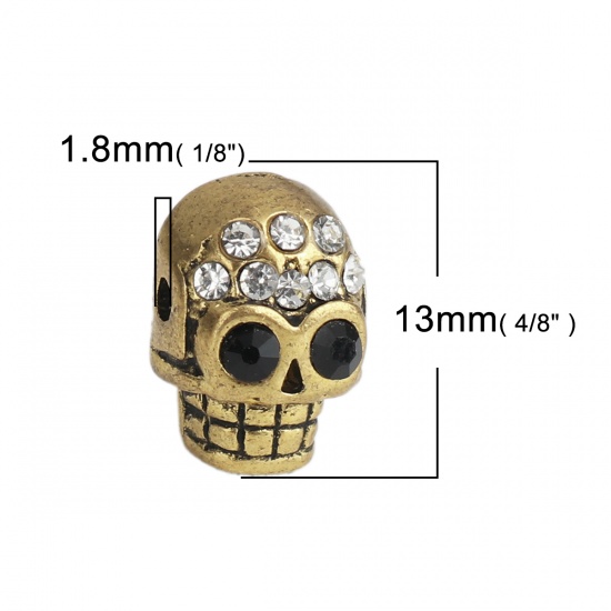 Picture of Zinc Based Alloy Halloween Beads Skull Gold Tone Antique Gold Black & Clear Rhinestone About 13mm x 9mm, Hole: Approx 1.8mm, 5 PCs