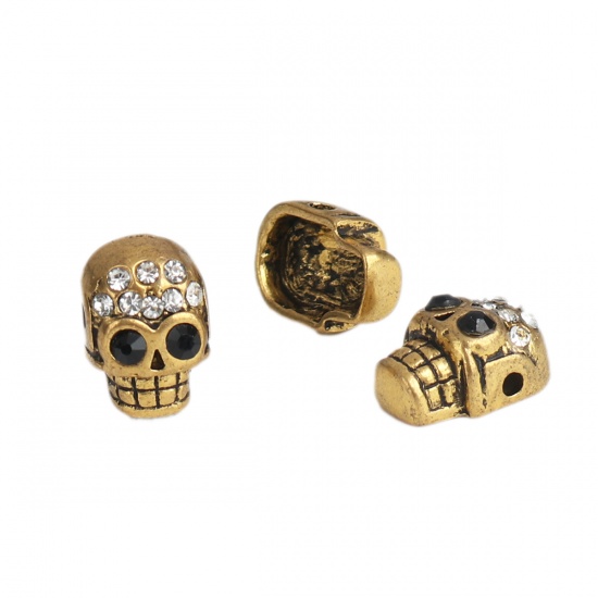 Picture of Zinc Based Alloy Halloween Beads Skull Gold Tone Antique Gold Black & Clear Rhinestone About 13mm x 9mm, Hole: Approx 1.8mm, 5 PCs