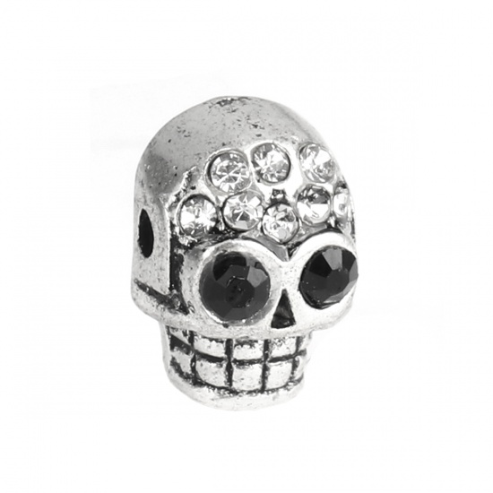 Picture of Zinc Based Alloy Halloween Beads Skull Antique Silver Color Black & Clear Rhinestone About 13mm x 9mm, Hole: Approx 1.8mm, 5 PCs