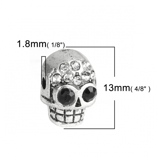 Picture of Zinc Based Alloy Halloween Beads Skull Antique Silver Color Black & Clear Rhinestone About 13mm x 9mm, Hole: Approx 1.8mm, 5 PCs