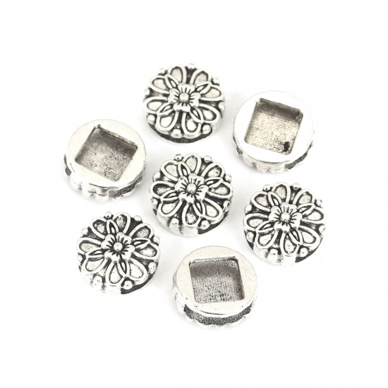 Picture of Zinc Based Alloy Slide Beads Round Flower Antique Silver About 16mm Dia, Hole:Approx 12.2mm x 2.4mm 30 PCs