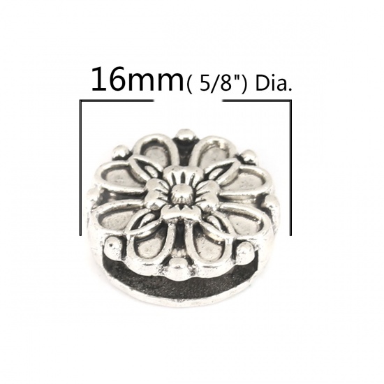 Immagine di Lega di Zinco Perline Addetti Cinturini per Orologi Tondo Fiore Argento Antico Circa 16mm Dia, Foro: Circa 12.2mm x 2.4mm, 30 Pz