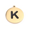 Picture of 304 Stainless Steel Charms Round Disc Gold Plated Black Initial Alphabet/ Capital Letter Message " K " Enamel 17mm x 15mm, 2 PCs
