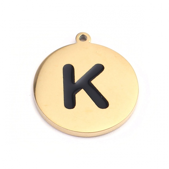 Image de Breloques en 304 Acier Inoxydable Rond Doré Noir Alphabet Initial/ Lettre Majuscule Gravé Mots" K " Émail 17mm x 15mm , 2 Pcs