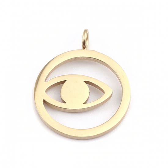 Picture of 304 Stainless Steel Charms 18K Real Gold Plated Round Eye Hollow 15mm x 12mm, 2 PCs