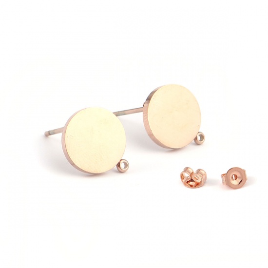 Picture of 304 Stainless Steel Ear Post Stud Earrings Round Rose Gold W/ Loop 12mm x 10mm, Post/ Wire Size: (20 gauge), 2 PCs