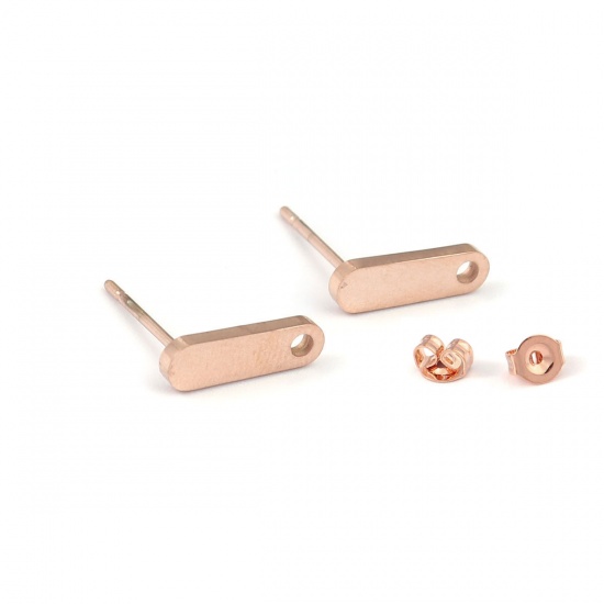 Picture of 304 Stainless Steel Ear Post Stud Earrings Oval Rose Gold W/ Loop 12mm x 3mm, Post/ Wire Size: (20 gauge), 2 PCs