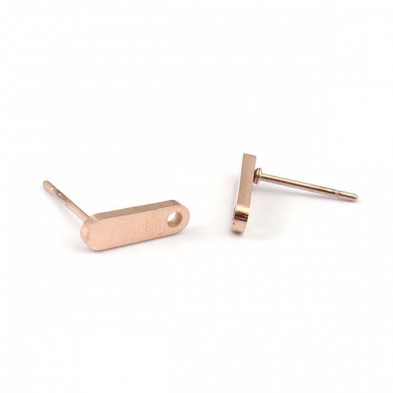 Picture of 304 Stainless Steel Ear Post Stud Earrings Oval Rose Gold W/ Loop 12mm x 3mm, Post/ Wire Size: (20 gauge), 2 PCs