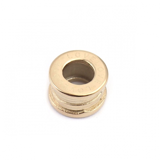 Picture of 304 Stainless Steel Beads For DIY Charm Jewelry Making 18K Real Gold Plated Cylinder Message " LOVE " About 9mm x 5mm, Hole: Approx 4.4mm, 2 PCs