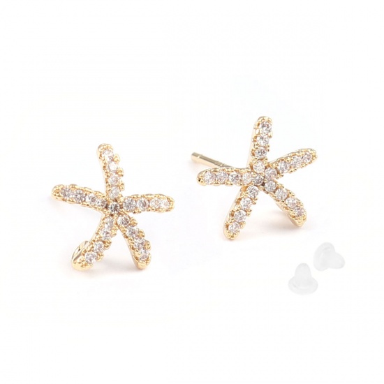 Picture of Brass Ocean Jewelry Ear Post Stud Earrings 18K Real Gold Plated Star Fish W/ Loop Clear Rhinestone 10mm x 10mm, Post/ Wire Size: (21 gauge), 30 PCs