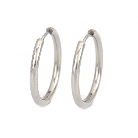 Picture of 304 Stainless Steel Hoop Earrings Silver Tone Round 25mm Dia., Post/ Wire Size: (19 gauge), 10 PCs