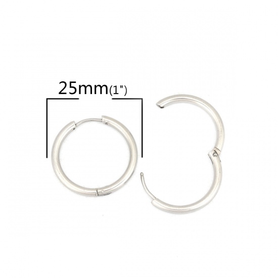 Picture of 304 Stainless Steel Hoop Earrings Silver Tone Round 25mm Dia., Post/ Wire Size: (19 gauge), 10 PCs
