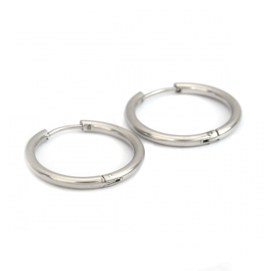 Picture of 304 Stainless Steel Hoop Earrings Silver Tone Round 25mm Dia., Post/ Wire Size: (19 gauge), 10 PCs