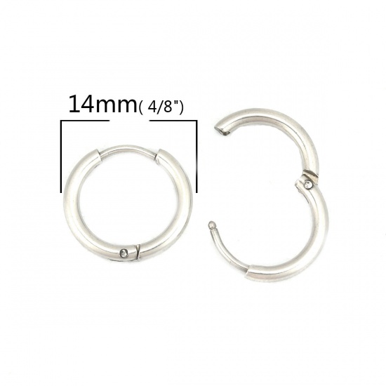 Immagine di 304 Acciaio Inossidabile orecchino cerchio Tono Argento Tondo 14mm Dia., Posta / Filo Dimensione: (19 misura), 10 Pz