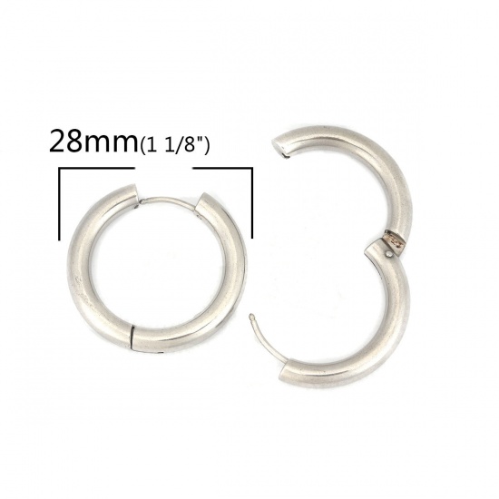 Picture of 304 Stainless Steel Hoop Earrings Silver Tone Round 28mm Dia., Post/ Wire Size: (18 gauge), 2 PCs