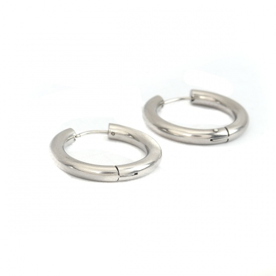 Picture of 304 Stainless Steel Hoop Earrings Silver Tone Round 28mm Dia., Post/ Wire Size: (18 gauge), 2 PCs