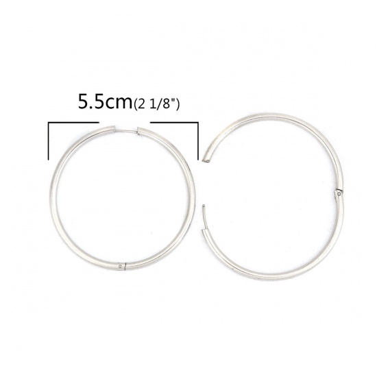 Picture of 304 Stainless Steel Hoop Earrings Silver Tone Round 5.5cm Dia., Post/ Wire Size: (18 gauge), 2 PCs