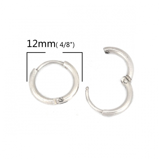 Immagine di 304 Acciaio Inossidabile orecchino cerchio Tono Argento Tondo 12mm Dia., Posta / Filo Dimensione: (21 misura), 2 Pz