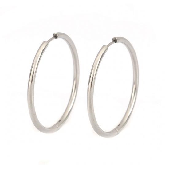 Picture of 304 Stainless Steel Hoop Earrings Silver Tone Round 4cm Dia., Post/ Wire Size: (19 gauge), 2 PCs