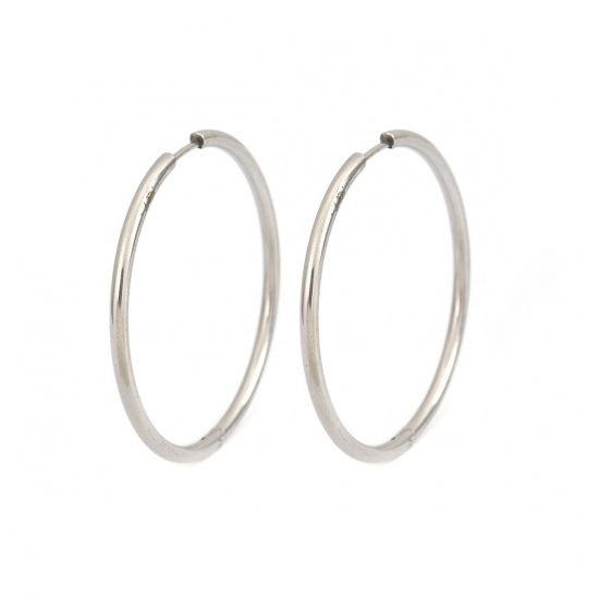 Picture of 304 Stainless Steel Hoop Earrings Silver Tone Round 4.5cm Dia., Post/ Wire Size: (18 gauge), 2 PCs
