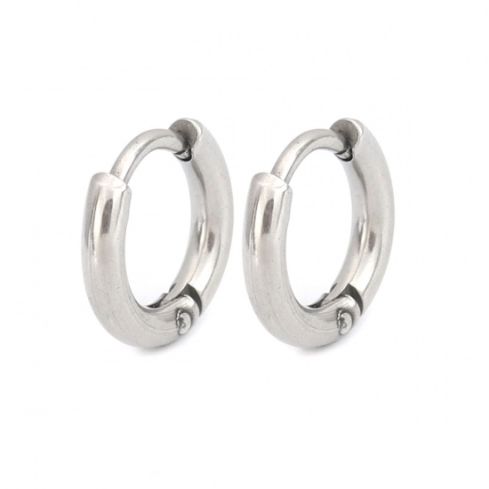 Picture of 304 Stainless Steel Hoop Earrings Silver Tone Round 11mm Dia., Post/ Wire Size: (19 gauge), 2 PCs