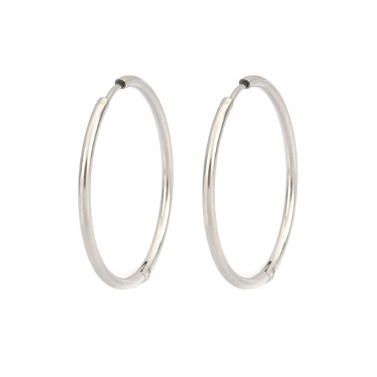 Picture of 304 Stainless Steel Hoop Earrings Silver Tone Round 3.4cm Dia., Post/ Wire Size: (19 gauge), 2 PCs