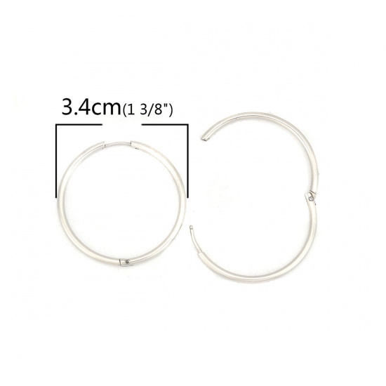 Picture of 304 Stainless Steel Hoop Earrings Silver Tone Round 3.4cm Dia., Post/ Wire Size: (19 gauge), 2 PCs