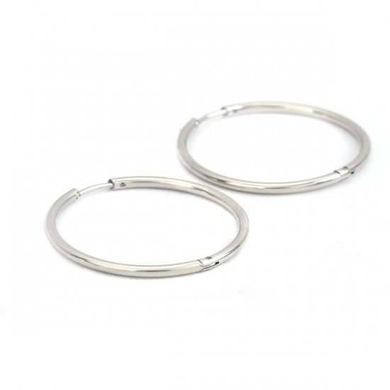 Picture of 304 Stainless Steel Hoop Earrings Silver Tone Round 3.4cm Dia., Post/ Wire Size: (19 gauge), 2 PCs