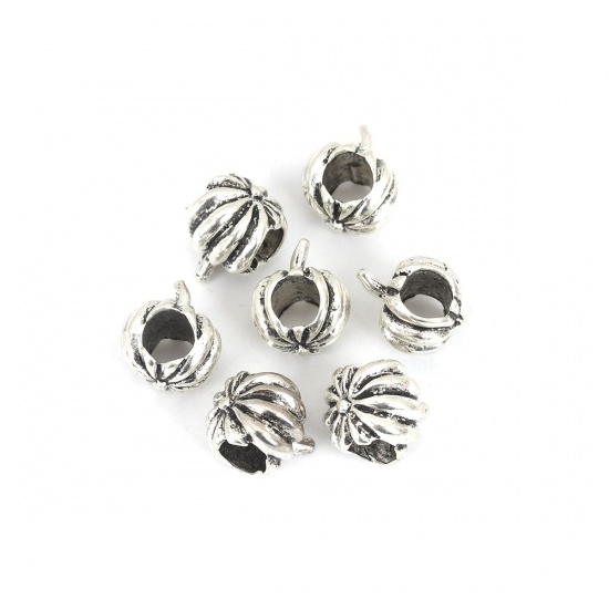 Picture of Zinc Based Alloy Halloween European Style Large Hole Charm Beads Pumpkin Antique Silver About 12mm x 9mm, Hole: Approx 5.1mm, 10 PCs