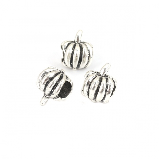 Picture of Zinc Based Alloy Halloween European Style Large Hole Charm Beads Pumpkin Antique Silver About 12mm x 9mm, Hole: Approx 5.1mm, 10 PCs