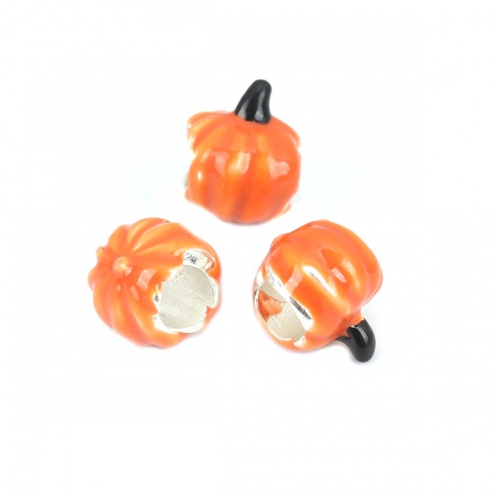 Immagine di Lega di Zinco Halloween Fascino Stile Europeo Perline Zucca Arancione Smalto Circa 12mm x 9mm, Foro: Circa 5.1mm, 10 Pz