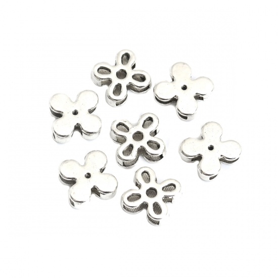 Picture of Zinc Based Alloy Slide Beads Flower Antique Silver About 13mm x 13mm, Hole:Approx 10.4mm x 4.4mm 50 PCs