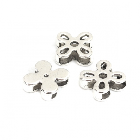 Picture of Zinc Based Alloy Slide Beads Flower Antique Silver About 13mm x 13mm, Hole:Approx 10.4mm x 4.4mm 50 PCs