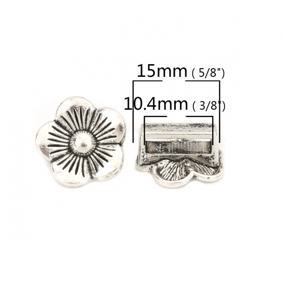 Picture of Zinc Based Alloy Slide Beads Flower Antique Silver Color About 15mm x 14mm, Hole:Approx 10.4mm x 2.5mm 50 PCs
