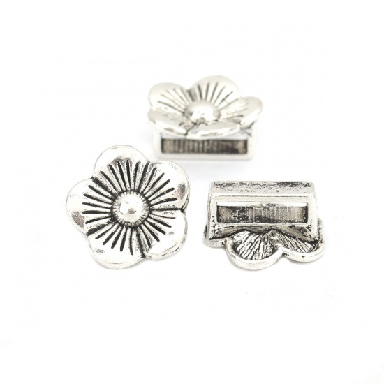 Picture of Zinc Based Alloy Slide Beads Flower Antique Silver Color About 15mm x 14mm, Hole:Approx 10.4mm x 2.5mm 50 PCs