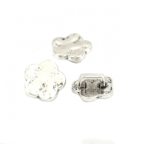 Picture of Zinc Based Alloy Slide Beads Flower Antique Silver About 12mm x 12mm, Hole:Approx 4.2mm x 2mm 50 PCs