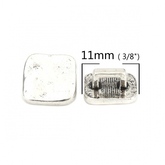 Immagine di Lega di Zinco Perline Addetti Cinturini per Orologi Quadrato Argento Antico Circa 11mm x 11mm, Foro: Circa 4mm x 2mm, 50 Pz