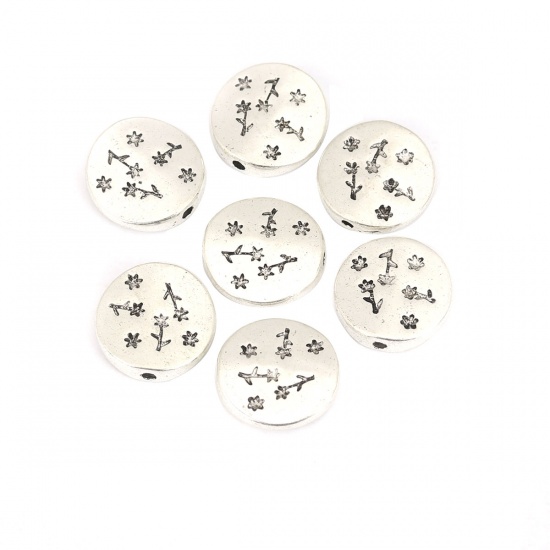 Picture of Zinc Based Alloy Beads Flat Round Antique Silver Flower About 15mm x 14mm, Hole: Approx 1.4mm, 10 PCs