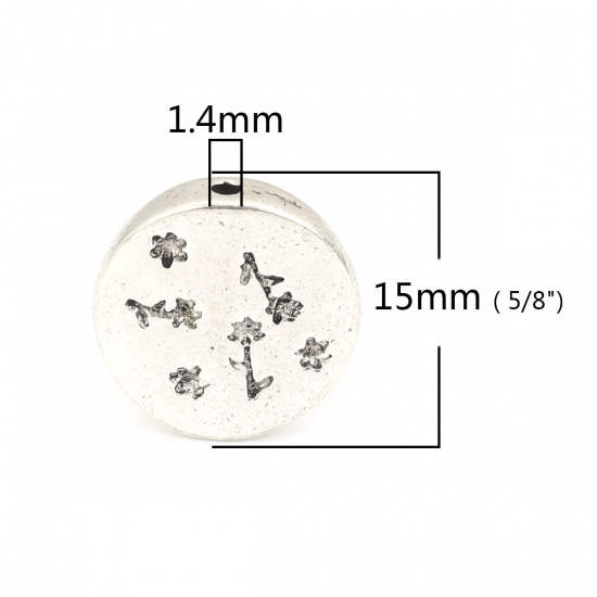 Picture of Zinc Based Alloy Beads Flat Round Antique Silver Flower About 15mm x 14mm, Hole: Approx 1.4mm, 10 PCs