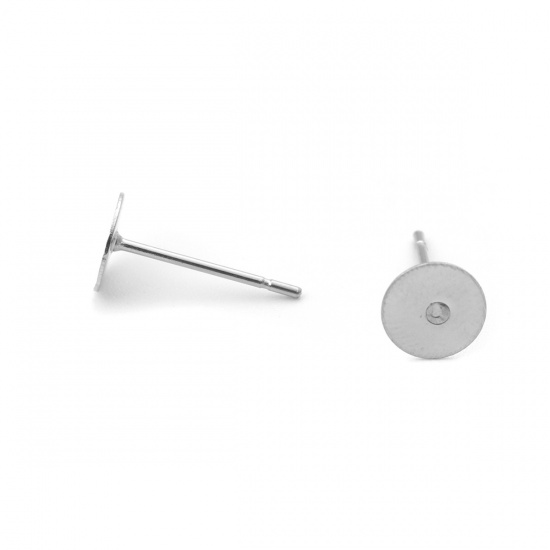 Picture of 304 Stainless Steel Ear Post Stud Earrings Round Silver Tone Glue On (Fits 6mm Dia.) 6mm Dia., Post/ Wire Size: (21 gauge), 50 PCs